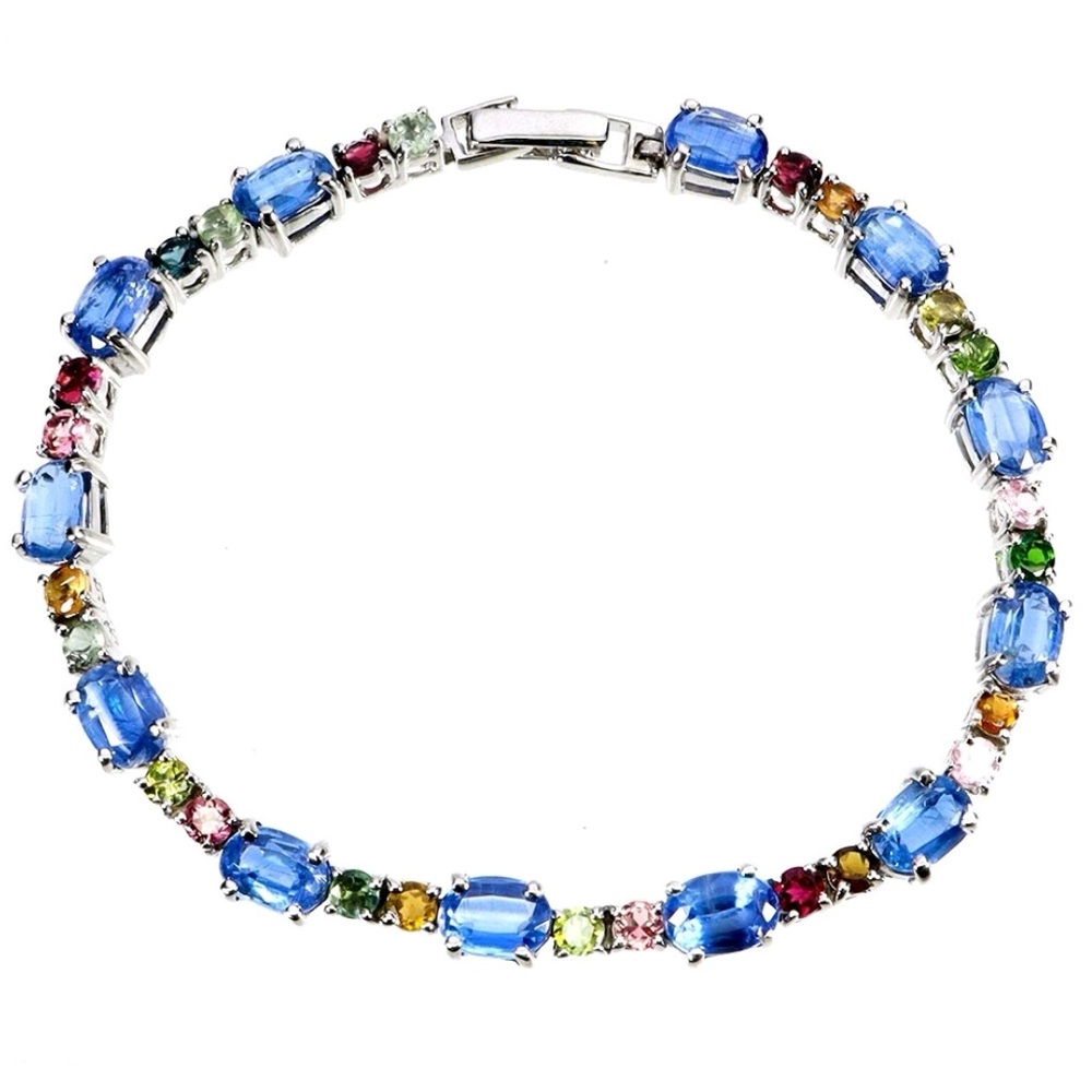 Kyanite and Tourmaline 14k White plated over 925 bracelet